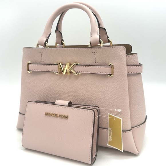 Michael Kors Reed Small Satchel Crossbody Bag & MD Bifold Zip Chain Wallet Pink - Picture 1 of 16